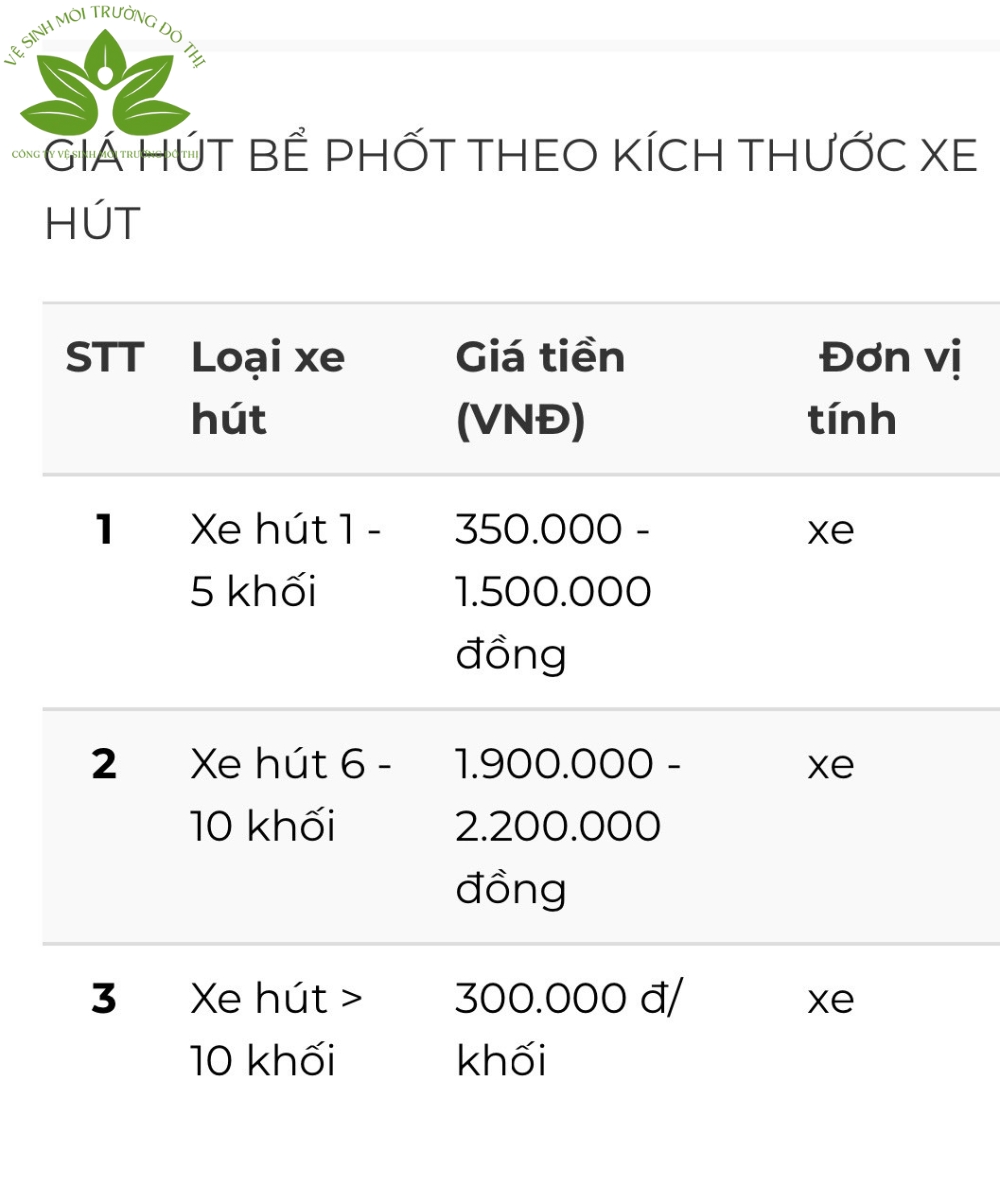 Báo giá hút bể phốt theo kích thước xe hút